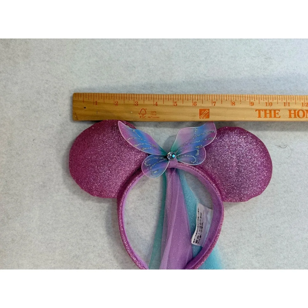 Disney Parks Minnie Mouse Pink Glitter Butterfly Fairy Ear Headband with Veil